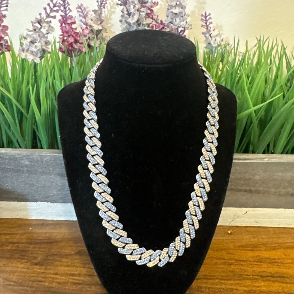 SLIVER AND BLUE CUBAN NECKLACE NY7 - Picture 4 of 5